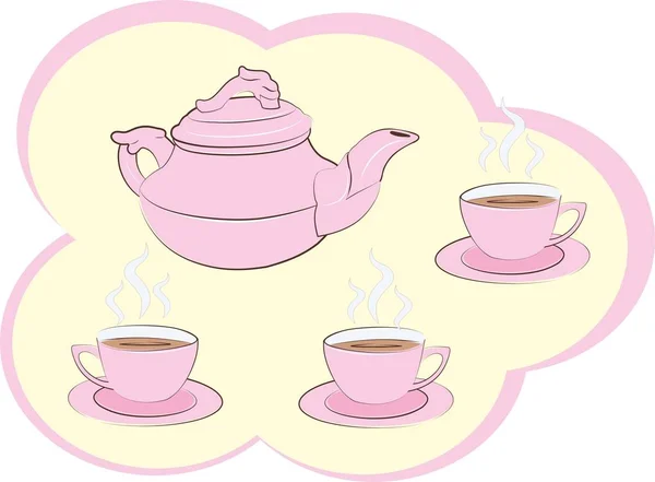 Rosa Tee Party Set Mit Teekanne Tassen Und Untertassen — Stockvektor