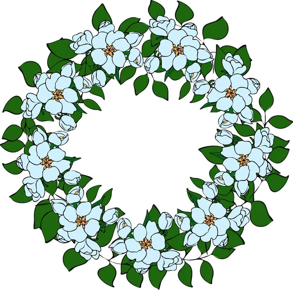 Çelenk mavi sakura veya kiraz çiçekleri ve yaprakları