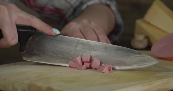 Девушка срезала кусочки колбасы крупным планом — стоковое видео