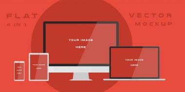 Düz bilgisayar monitör, dizüstü bilgisayar, tablet, kırmızı zemin üzerine izole smartphone. Şablon sunuyu, web tasarım ve UI için kitleri kullanabilirsiniz. Beyaz elektronik aygıtı, aygıt mockup. Vektör çizim