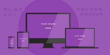 Düz bilgisayar monitör, dizüstü bilgisayar, tablet, mor arka plan üzerinde izole smartphone. Şablon sunuyu, web tasarım ve UI için kitleri kullanabilirsiniz. Beyaz elektronik aygıtı, aygıt mockup. Vektör çizim