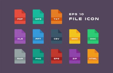 Belge etiketleri ayarla ve simgeleri dosya biçimleri. PDF, Mp3, Txt, Xls, Ppt, Csv, Mov, Doktor, Rar, Png, Eps, Zip, Html. vektör çizim. EPS 10