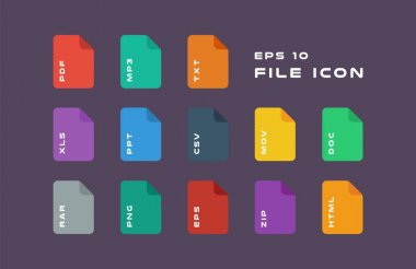 Belge etiketleri ayarla ve simgeleri dosya biçimleri. PDF, Mp3, Txt, Xls, Ppt, Csv, Mov, Doktor, Rar, Png, Eps, Zip, Html. vektör çizim. EPS 10