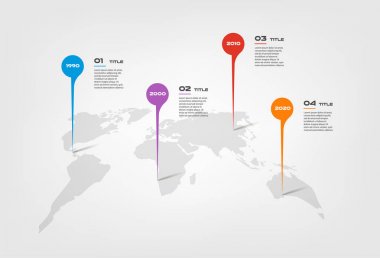 Dünya harita renk infographics adım adım daire bir dizi. Grafik, grafik, diyagram 4 seçenekleri - parçaları, işlemler, zaman çizelgeleri ile unsuru. Sunum için vektör iş şablonu