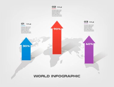 Dünya harita ok büyüme infographics adım adım daire bir dizi. Grafik, grafik, diyagram 3 seçenek - parçaları, işlemler, zaman çizelgeleri ile unsuru. Sunum için vektör iş şablonu