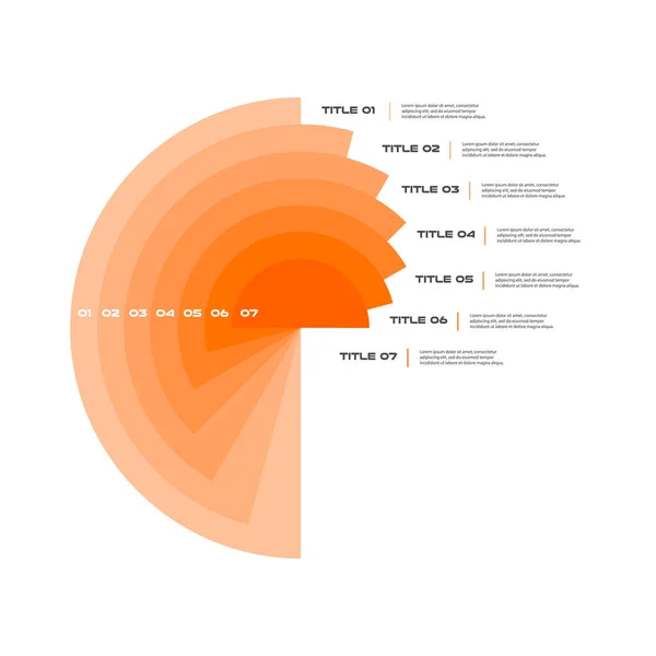 Infográficos concêntricos passo a passo em uma série de círculos. Elemento de gráfico, gráfico, diagrama com 7 opções, peças, processos. Modelo de negócio vetorial para apresentação — Vetor de Stock