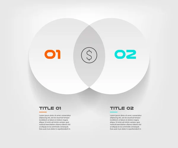 Infográficos de diagrama Venn para dois vetores de design de círculo e marketing podem ser usados para layout de fluxo de trabalho, relatório anual, web design. Conceito de negócio com etapas ou processos — Vetor de Stock