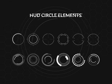 Siyah ve beyaz hud daire Infographic öğeleri kümesi. Head-up görüntüleme öğeleri web ve uygulama fütüristik kullanıcı arabirimi için. Sanal grafiği.