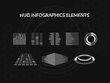 Siyah ve beyaz hud Infographic öğeleri kümesi. Head-up görüntüleme öğeleri web ve uygulama fütüristik kullanıcı arabirimi için. Sanal grafiği.