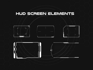 Siyah ve beyaz hud ekran Infographic öğeleri kümesi. Head-up görüntüleme öğeleri web ve uygulama fütüristik kullanıcı arabirimi için. Sanal grafiği.