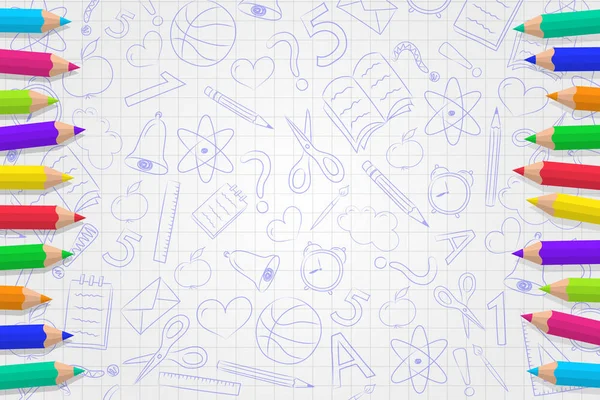 Bir okul arka plan ile renkli kalemler ve şirin kavramı doodles. Vektör.