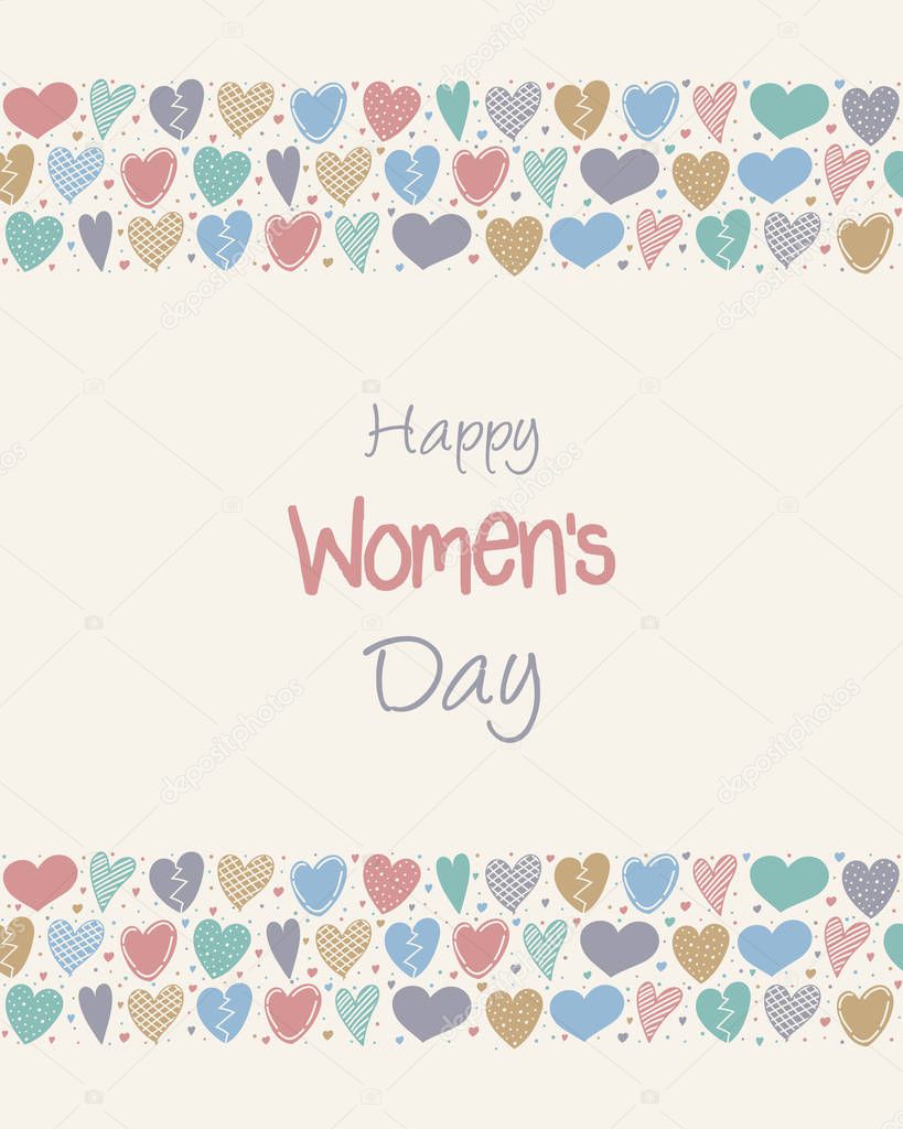 Cute hand drawn card with hearts and wishes for Women's Day. Vector.