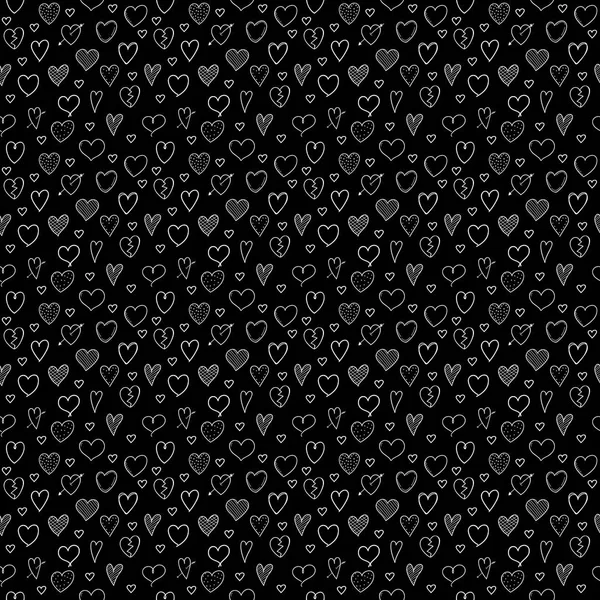 Hand Drawn Hearts Black Background Seamless Pattern Vector — Stock Vector