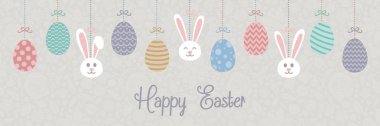 Mutlu Paskalya - afiş asma bunnies ve yumurta. Vektör.