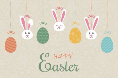 Elle çizilmiş Paskalya kartpostal bunnies, renkli yumurta ve dilekleri ile. Vektör.