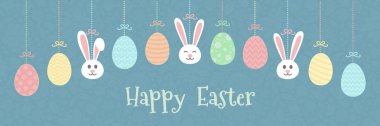 Paskalya afiş şirin bunnies, yumurta ve dilekleri ile. Vektör.