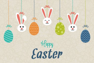 Renkli Paskalya poster el ile çizilmiş tavşanlar ve yumurta. Vektör.
