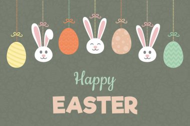 Elle çizilmiş Paskalya kartpostal bunnies, renkli yumurta ve dilekleri ile. Vektör.