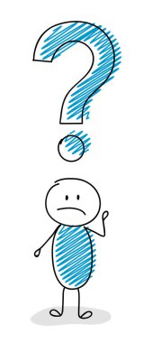 Soru işareti simgesi - şaşkın yüz ifadesi ile çizgi film çöp adam. Vektör.