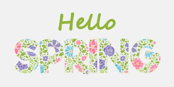 Hello Spring Bannière Avec Texte Composé Fleurs Dessinées Main Vecteur — Image vectorielle