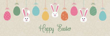 Bunnies ve yumurta ile renkli Paskalya banner. Vektör.