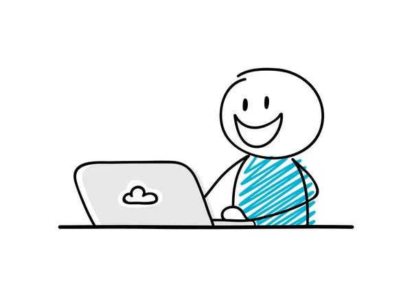 Stickman Engraçado Com Expressão Facial Feliz Irritado Trabalhando Laptop Vetor —  Vetores de Stock