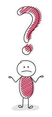 Ünlem işareti ile çizim komik çöp adam. Şaşkın ifade. Vektör.