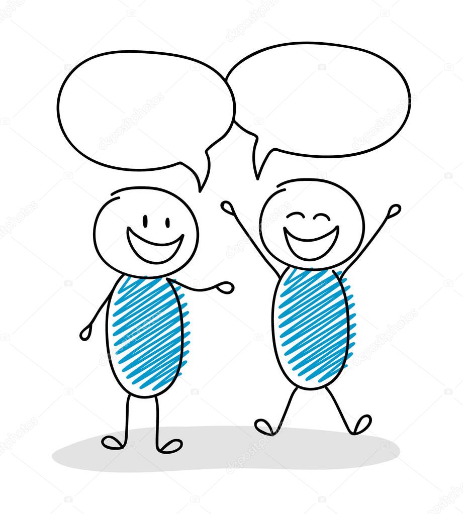 Cartoon stickmen - chat with empty speech balloons. Happy and excited  expression. Vector.
