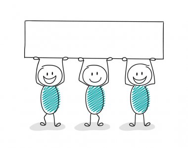 Komik el çekilmiş stickmen holding afiş ile copypace. Vektör.