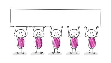 Komik el çekilmiş stickmen holding afiş ile copypace. Vektör.