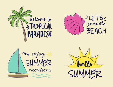 Komik pastel topluluğu simgesi ve simgeler - yaz tatillerini renkli. Vektör.