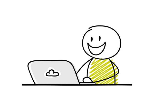 Empresário Engraçado Stickman Desenho Animado Trabalhando Seu Laptop Feliz Expressão —  Vetores de Stock