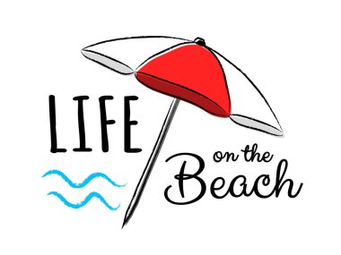 Güneş şemsiyesi. Yaz poster - komik metin ile el çekilmiş simgesi. Vektör.