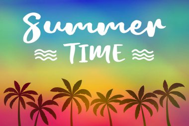 Cennet yaz palmiye ağaçları altında. Metin parlak poster. Vektör.