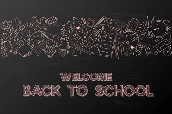 Szkoła Tło Ręcznie Rysowane Akcesoria Tekst Welcome Back School Wektor — Wektor stockowy