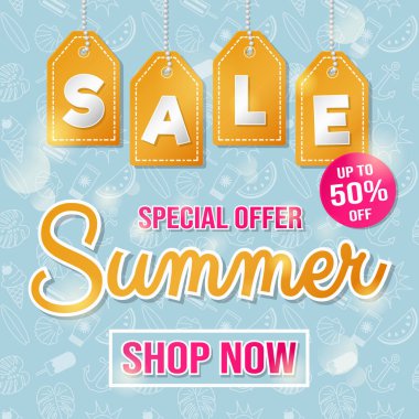 Renkli poster yaz Satılık. Parlak metin şablonu. Vektör.