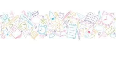 Okul arka plan komik Aksesuar ve boşaltmak. Vektör.