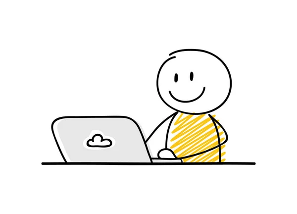 Empresário Engraçado Stickman Desenho Animado Trabalhando Seu Laptop Expressão Facial —  Vetores de Stock