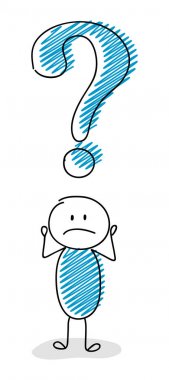 Soru işareti simgesi - şaşkın yüz ifadesi ile çizgi film çöp adam. Vektör.