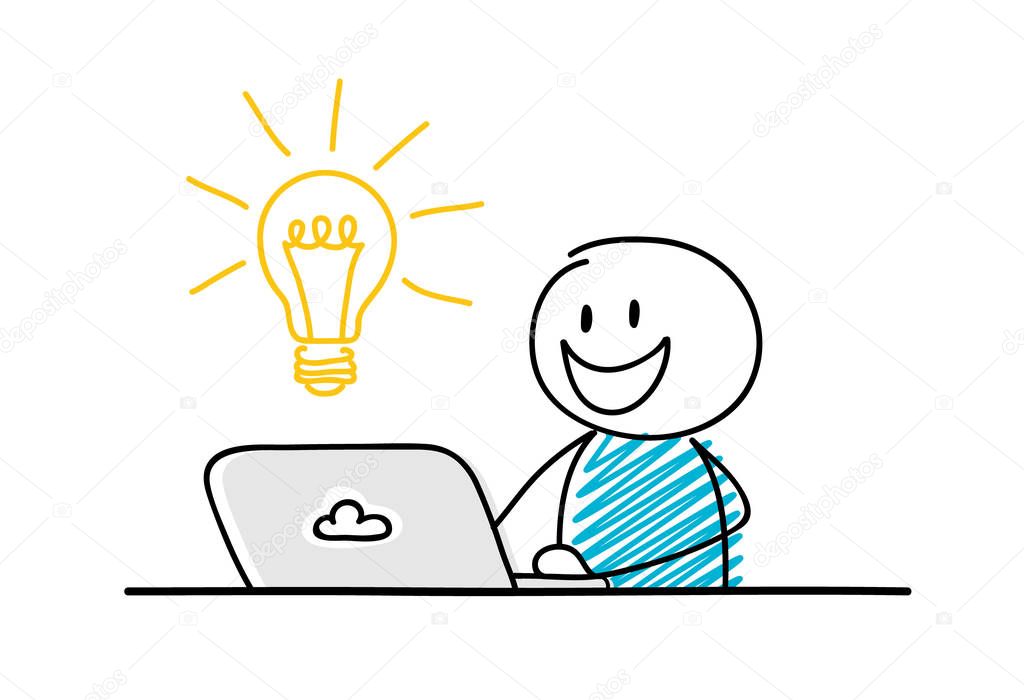 Funny stickman working on laptop - concept with bulb icon. Vector.