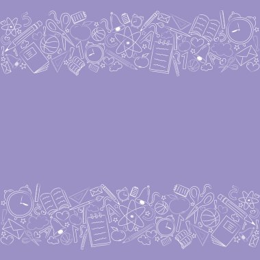 Şablonu el ile okul poster aksesuarları ve boşaltmak çizilmiş. Vektör.