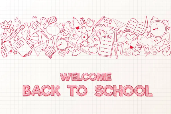 Willkommen Zurück Der Schule Plakat Mit Handgezeichneten Elementen Vektor — Stockvektor