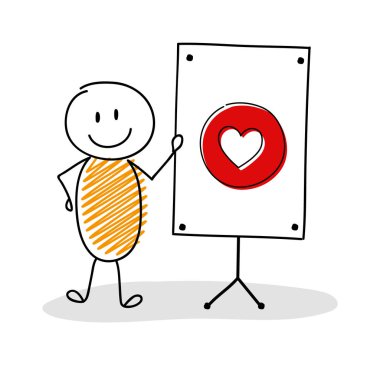 Beyaz tahta ve kalp ile İş karikatür kişi - aşk simgesi. Vektör