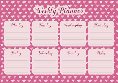 Renkli el ile haftalık planlayıcısı kalpler çizilmiş. Vektör