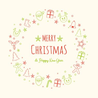 Elle çizilmiş süslemeleri ile ile Noel tebrik kartı tasarımı. Vektör.