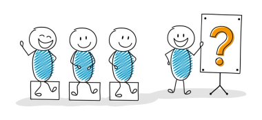Lider kavramı - soru işareti simgesi ile karikatür stickmen. Vektör