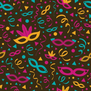 Carnaval parti renkli maskeleri ve Serpantinli ile sorunsuz doku. Vektör