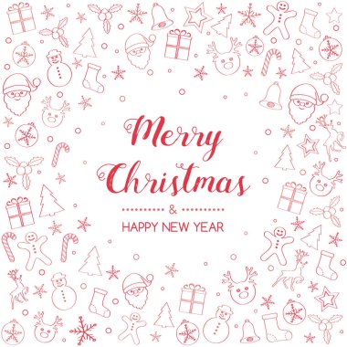 Elle çizilmiş süslemeleri ile ile Noel tebrik kartı tasarımı. Vektör.