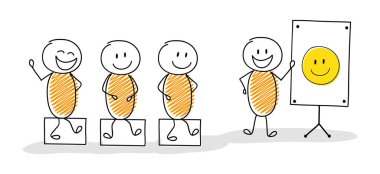 Beyaz tahta ve smiley ifade ile elle çizilmiş komik stickmen grubudur. Vektör