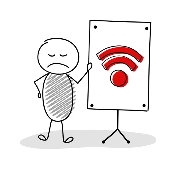 Grappige Hand Getekend Stickman Met Whiteboard Wifi Internet Pictogram Vector — Stockvector